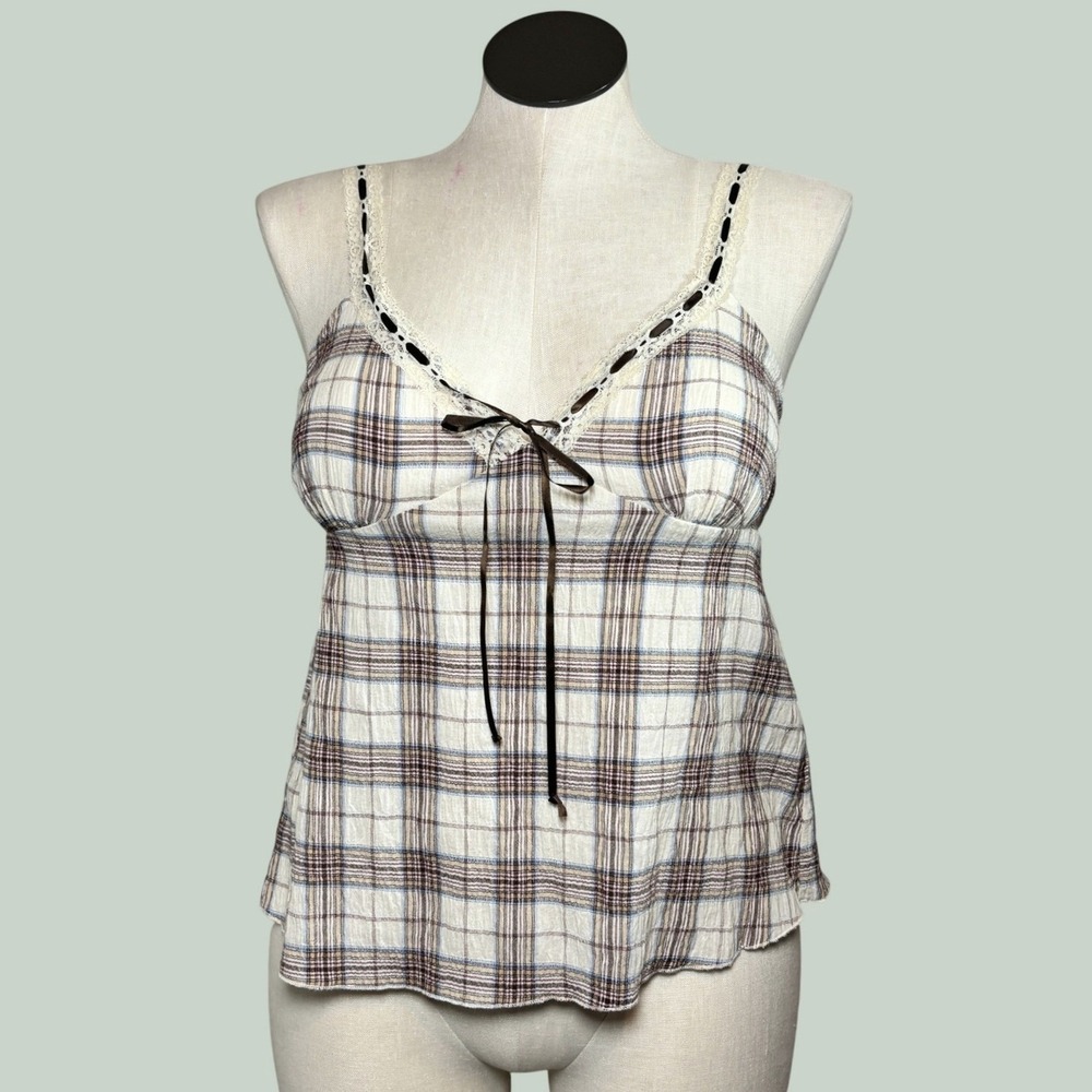 Free Kisses Cami Tank Top XL Brn Plaid Lace Trim Ribbon Babydoll Y2K Fairycore